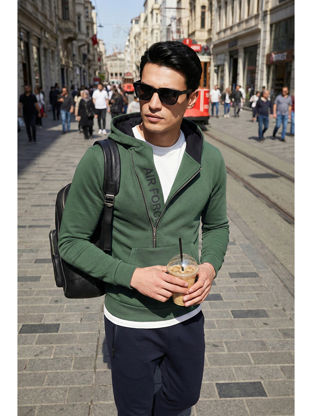 Yeşil Kanguru Cepli Fermuarlı Kapüşon Yaka Slim Fit Erkek Sweat 575707