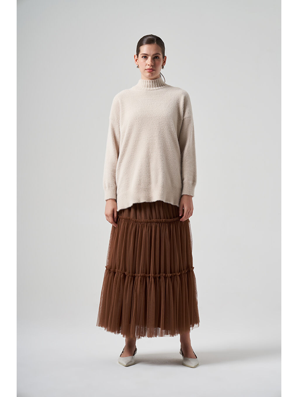 Kahverengi Kadın Tül Tütü Etek 8005 Taba-2