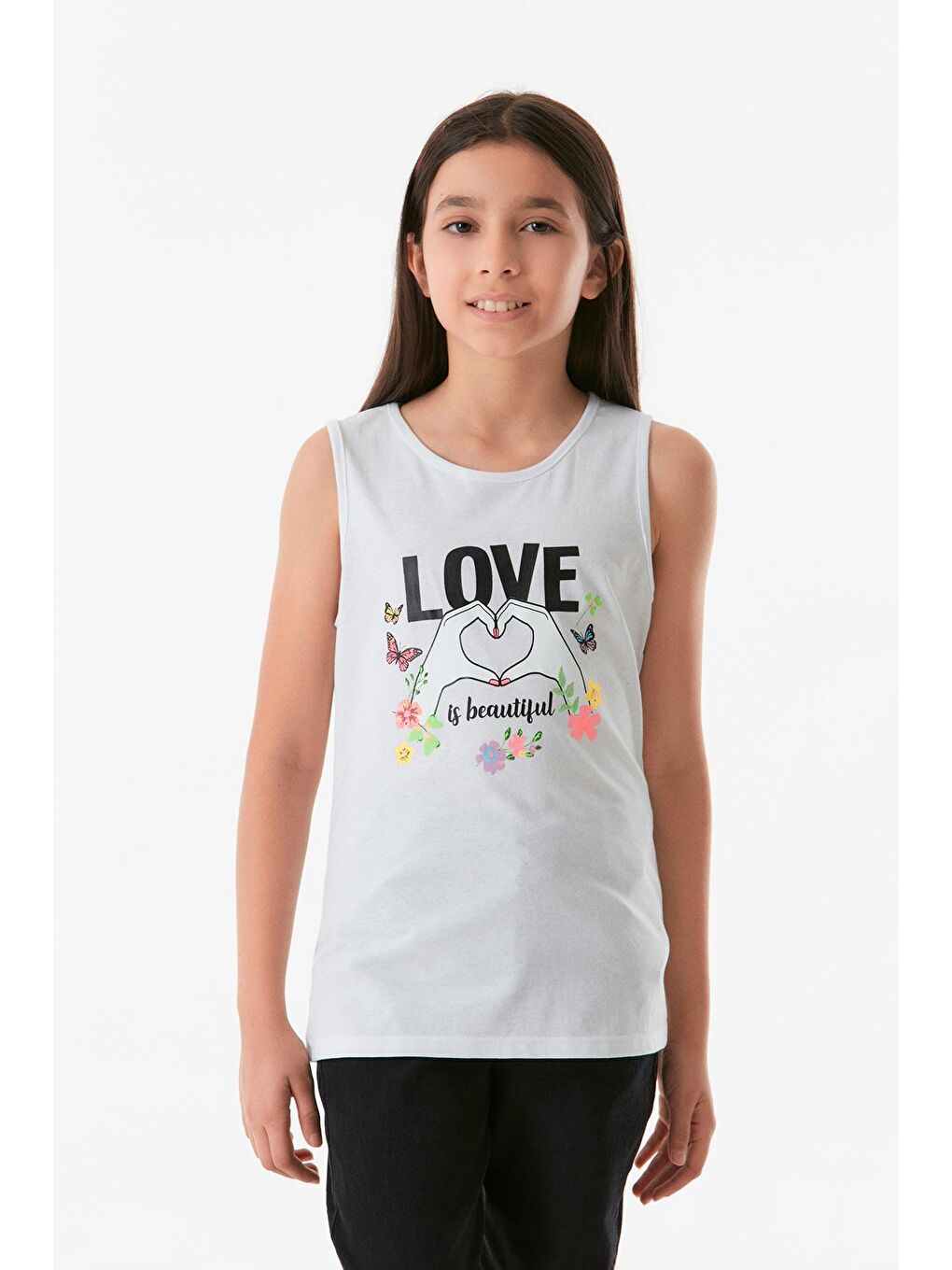 Beyaz Baskılı Kolsuz Kız Çocuk Atlet-2