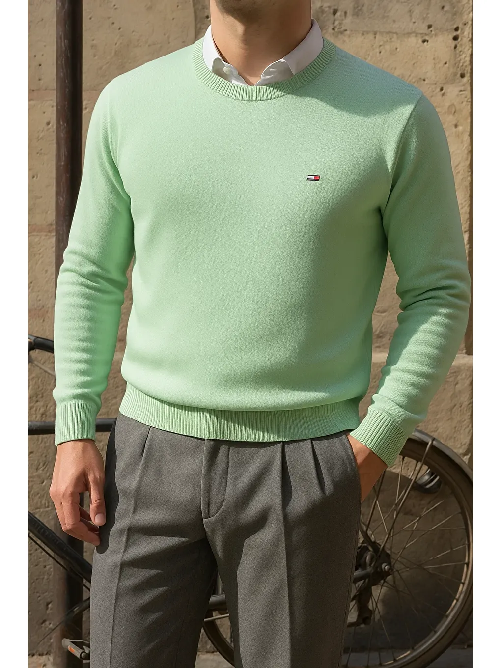 Yeşil Erkek Bisiklet Yaka Slim Fit Mint Kazak-1