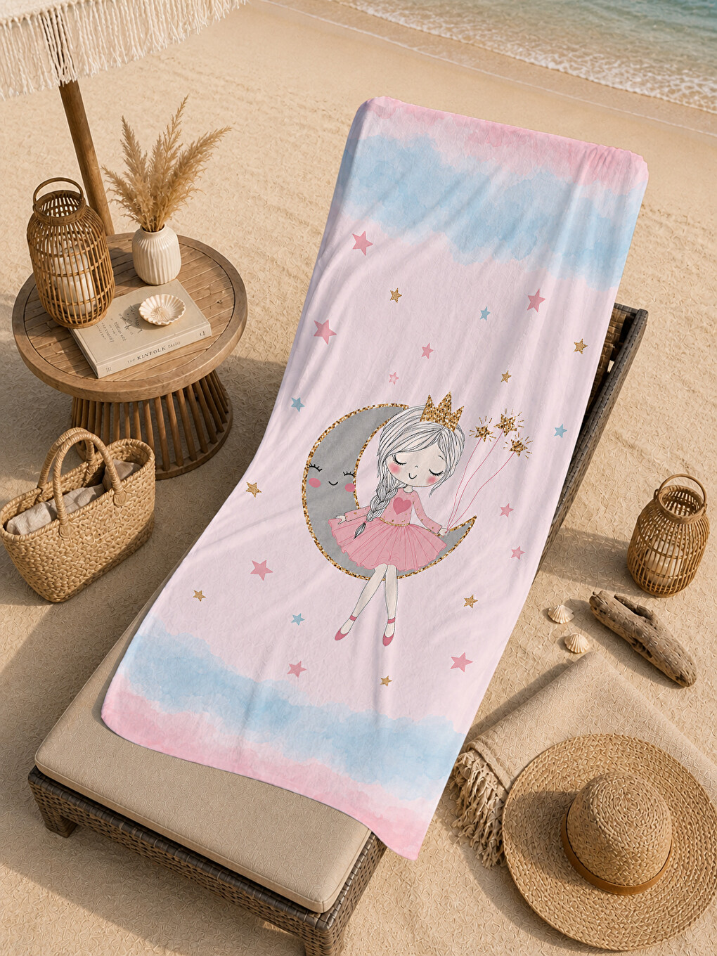 Masalsı Balerin Kız Pembe Pastel Desenli 70x150 Plaj Havlusu - Dijital Baskılı Solmaz Banyo Havlusu-3