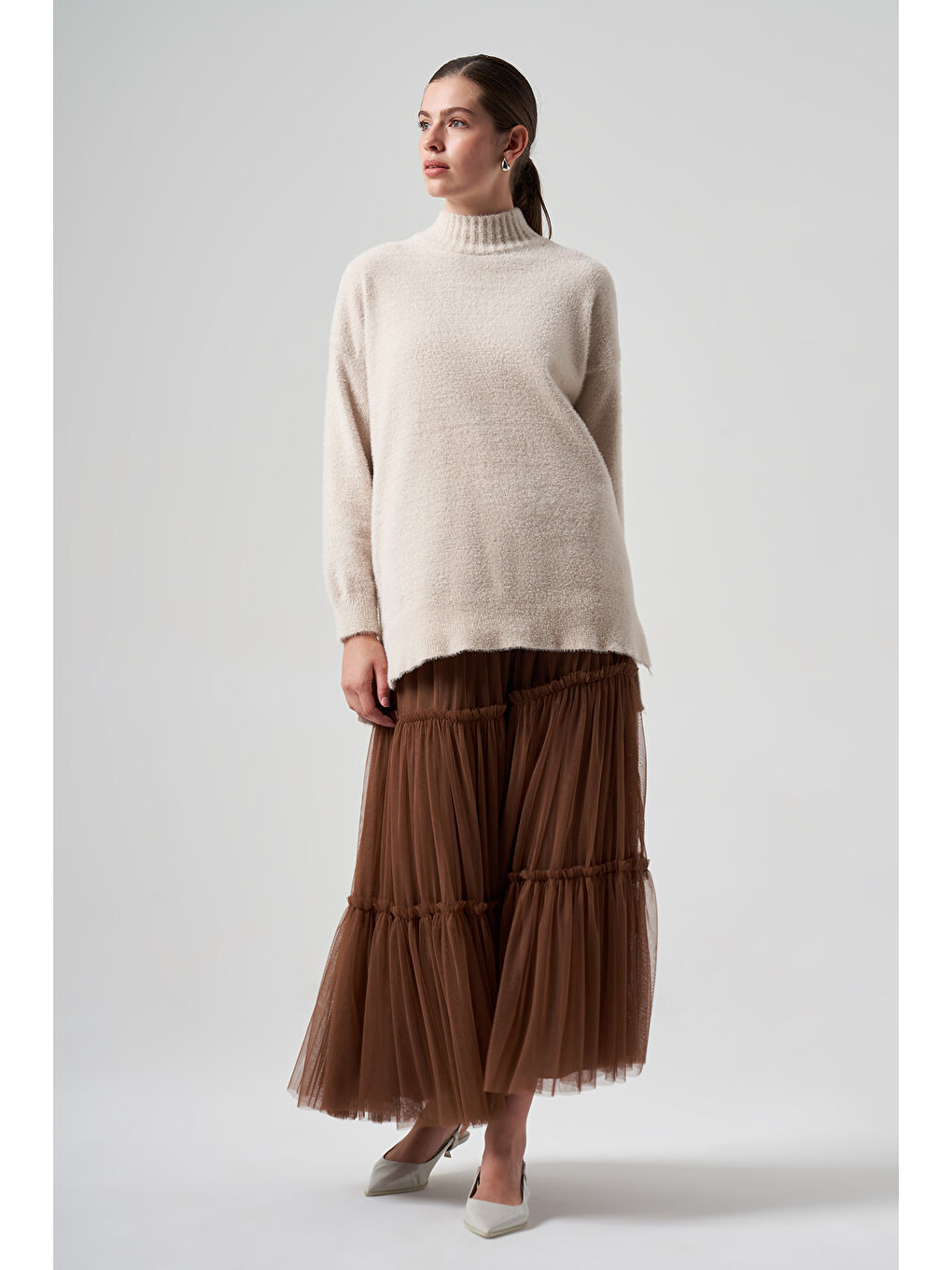 Kahverengi Kadın Tül Tütü Etek 8005 Taba-3