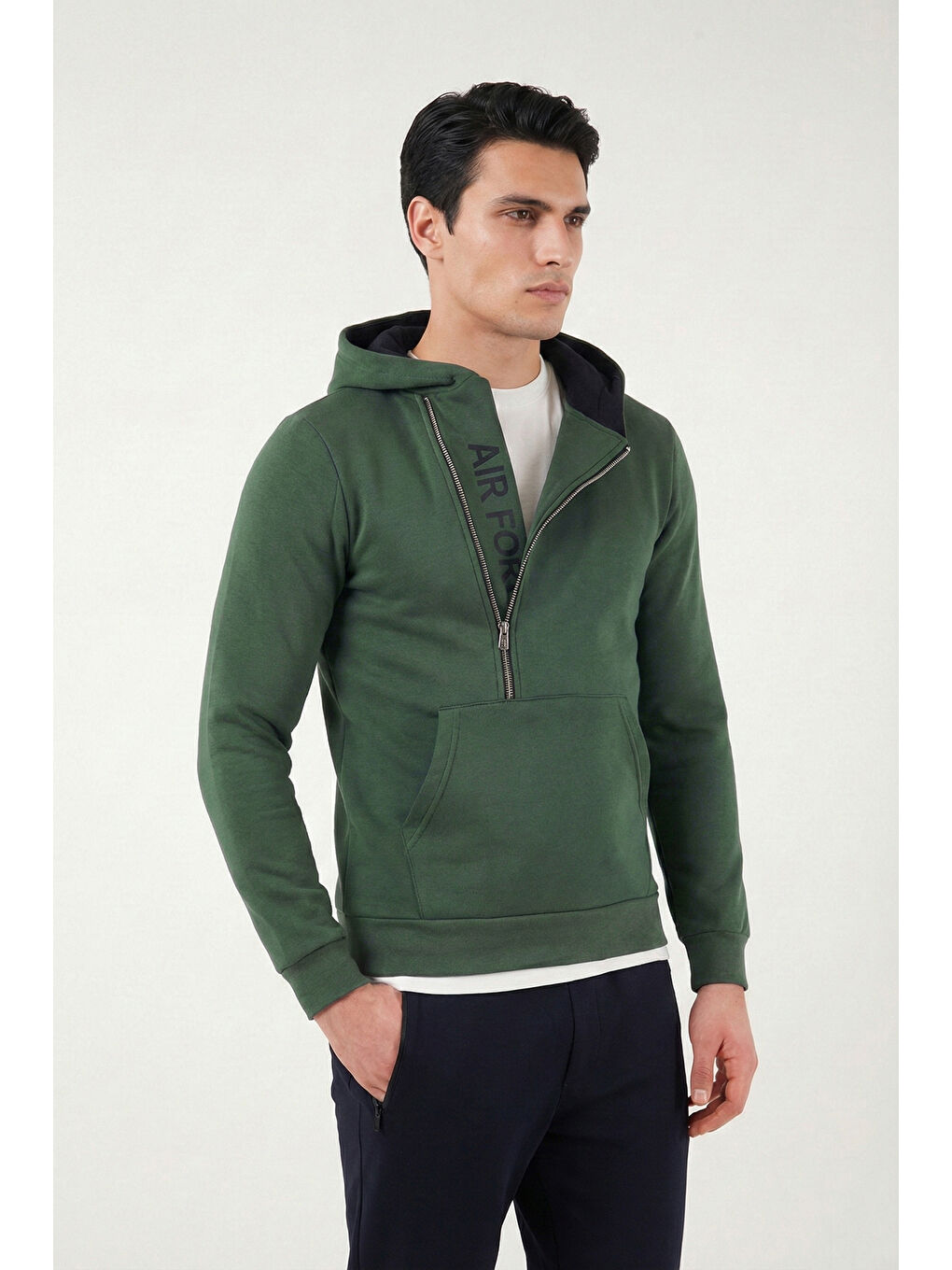 Yeşil Kanguru Cepli Fermuarlı Kapüşon Yaka Slim Fit Erkek Sweat 575707-1