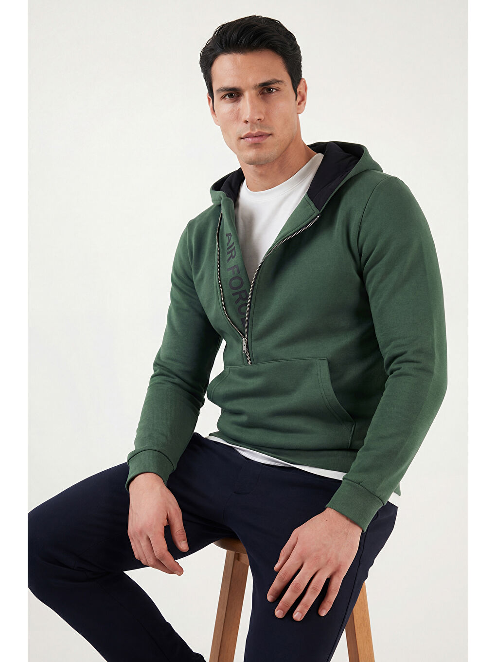 Yeşil Kanguru Cepli Fermuarlı Kapüşon Yaka Slim Fit Erkek Sweat 575707-2