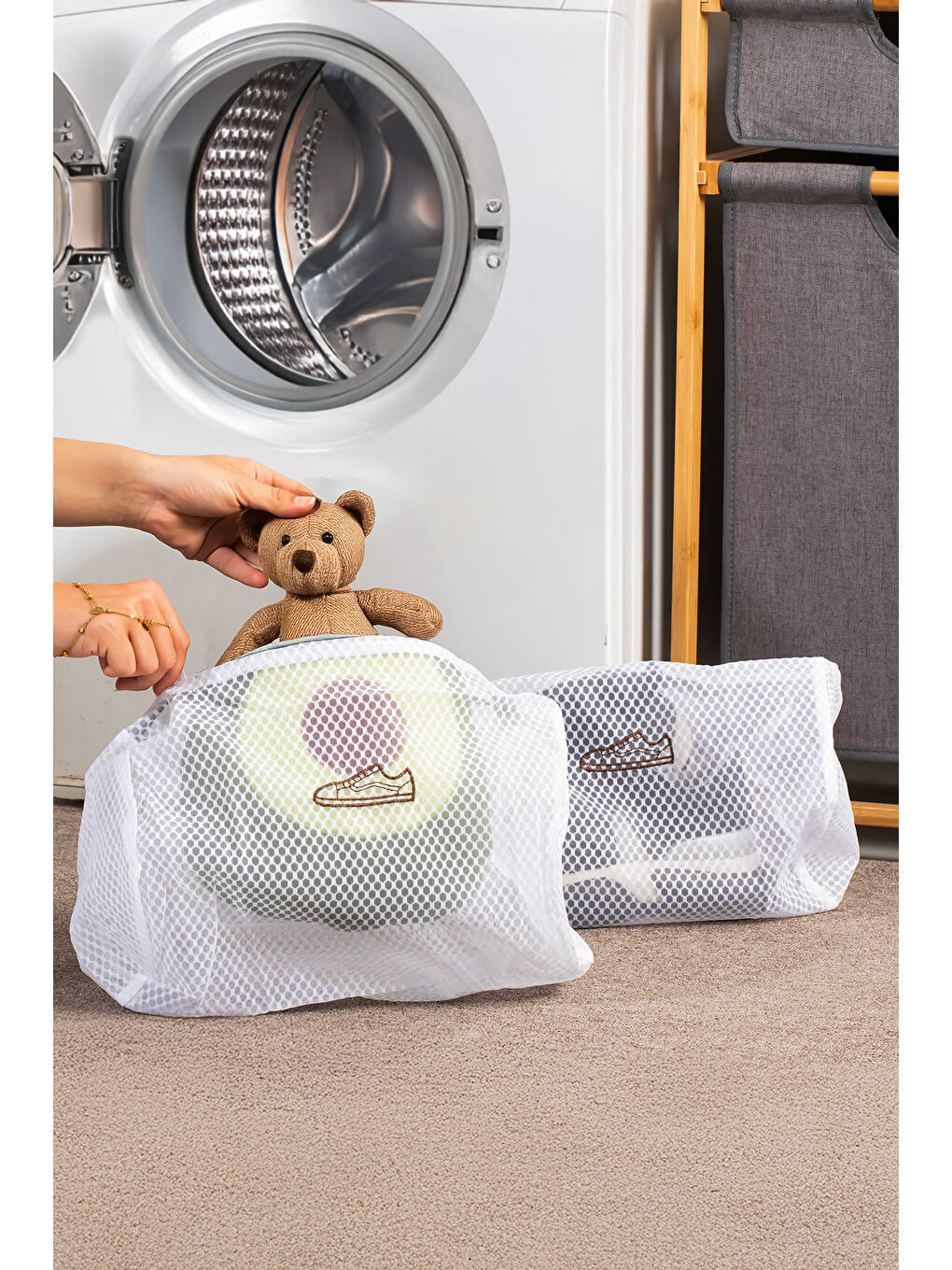 Beyaz 3128 Çamaşır Yıkama Filesi Fermuarlı Bölmeli Ayakkabı Yıkama Filesi Deforme Önleyici Torba-2