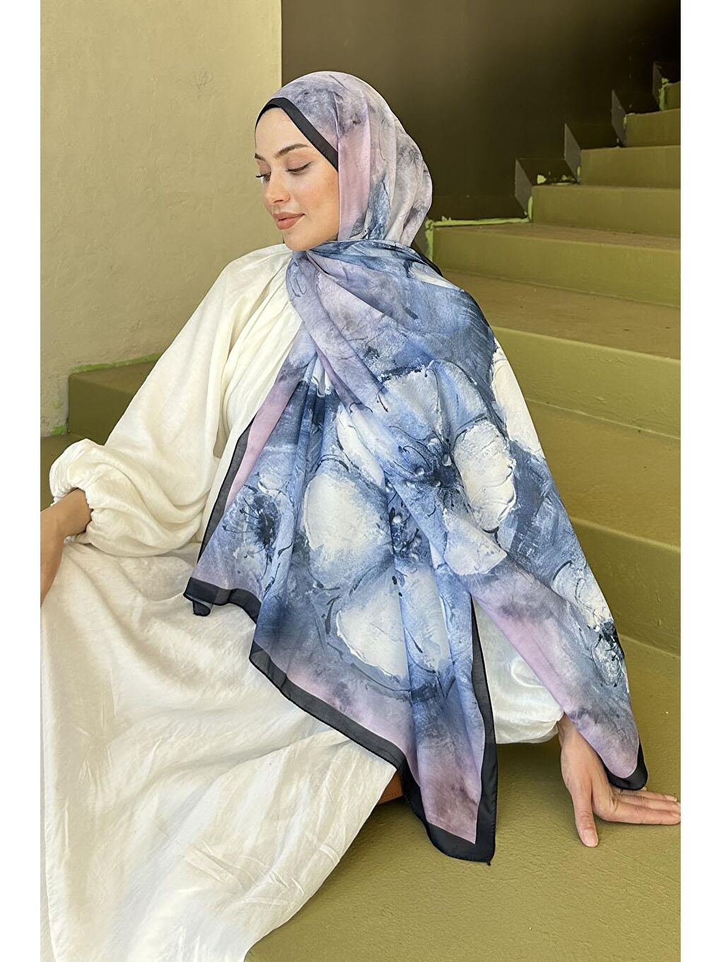 Bohem Çiçek Desen Soft Şal Lacivert-2