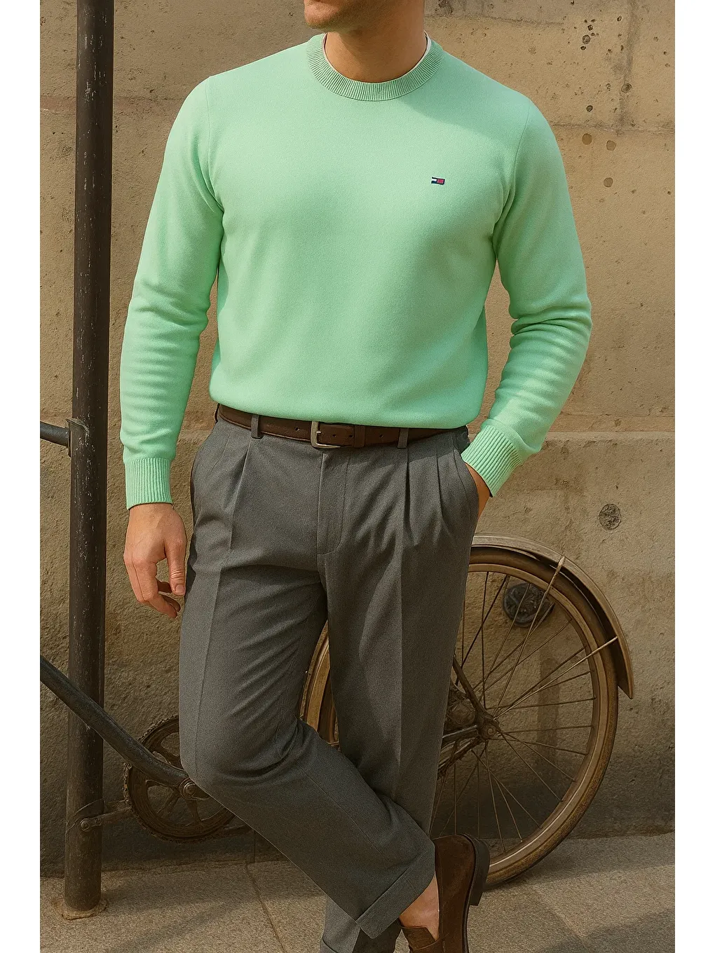 Yeşil Erkek Bisiklet Yaka Slim Fit Mint Kazak-2