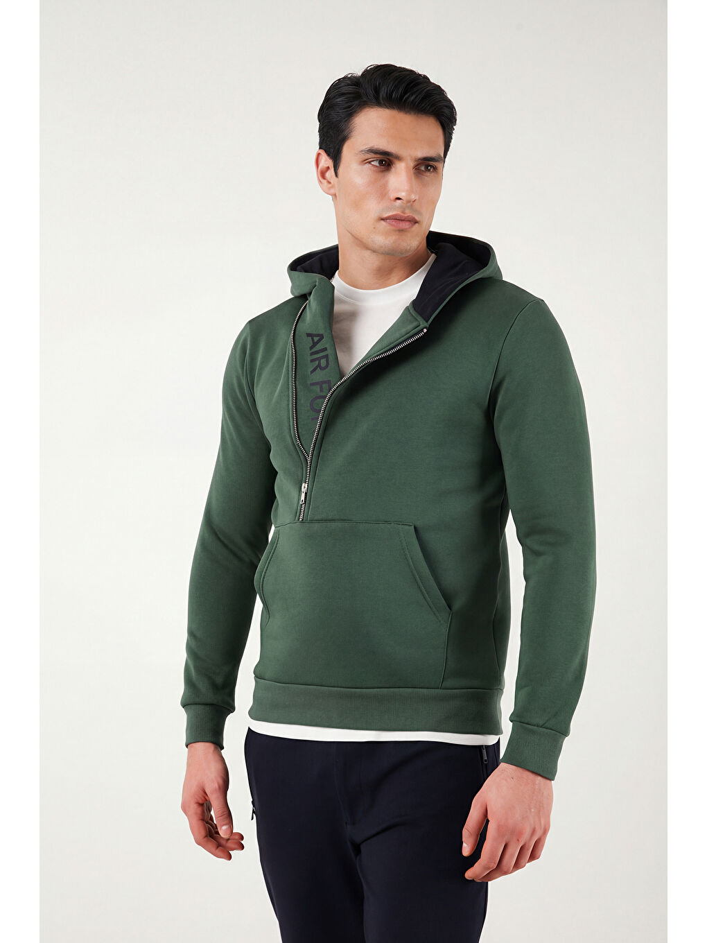 Yeşil Kanguru Cepli Fermuarlı Kapüşon Yaka Slim Fit Erkek Sweat 575707-3