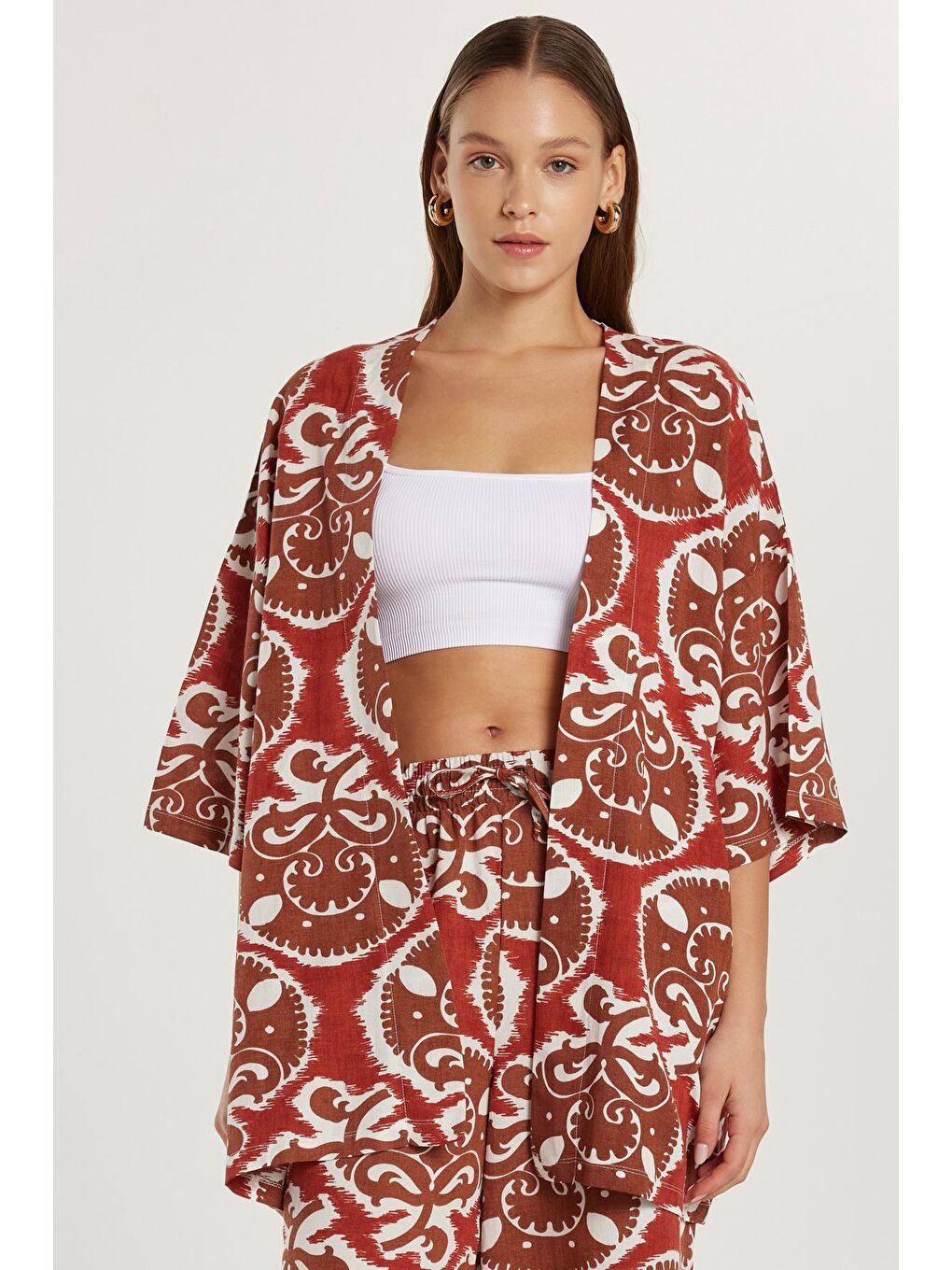 Karışık Kadın Relax Fit Rahat Kesim V Yaka Geniş Kollu Baskılı Kimono