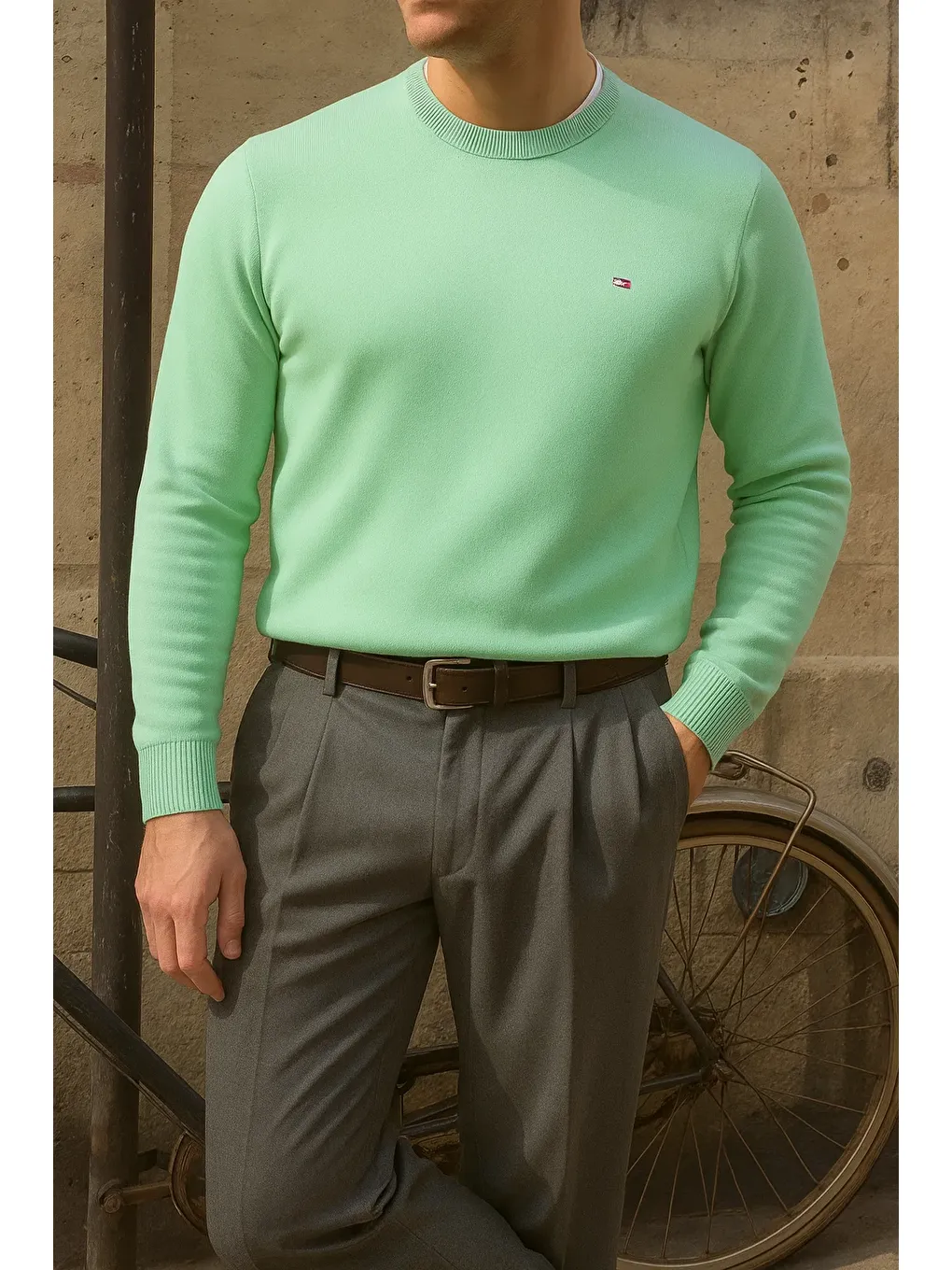 Yeşil Erkek Bisiklet Yaka Slim Fit Mint Kazak-3