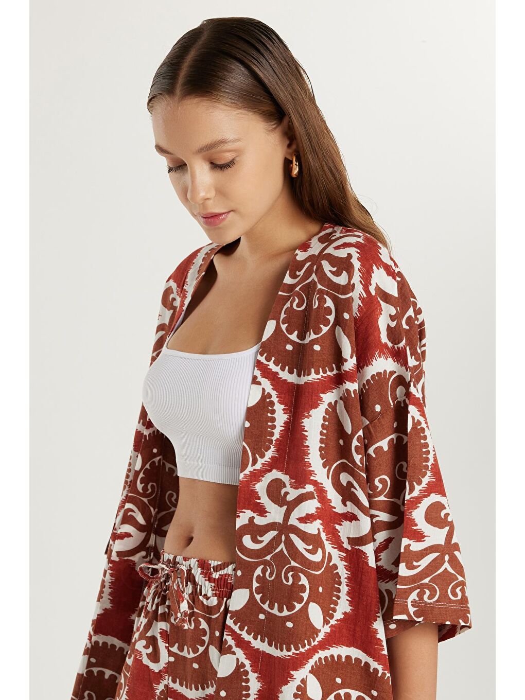 Karışık Kadın Relax Fit Rahat Kesim V Yaka Geniş Kollu Baskılı Kimono-1