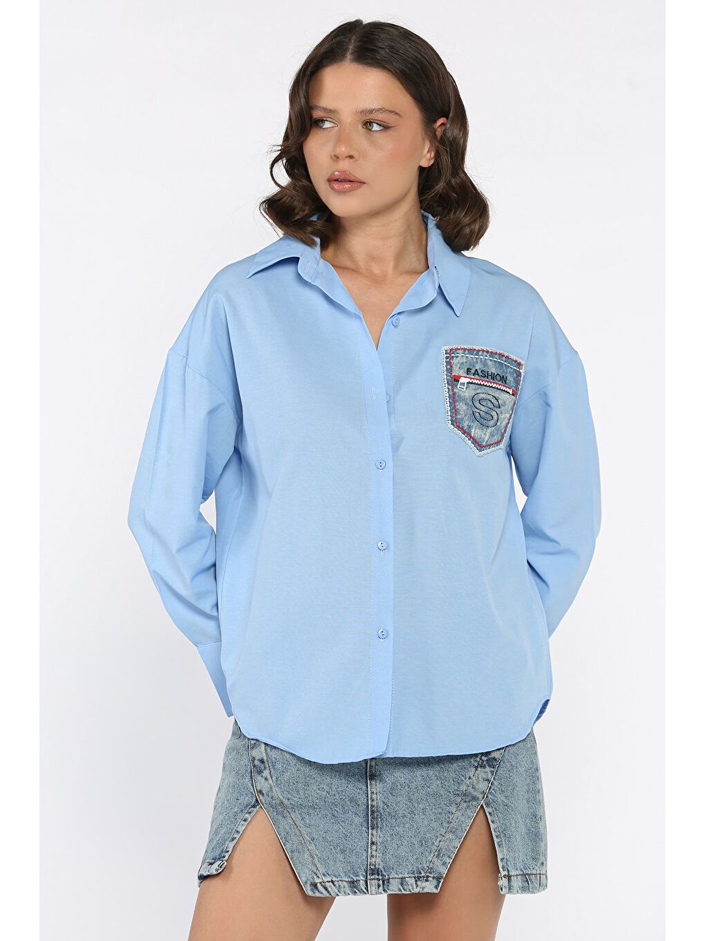 Mavi Cepli Kadın Salaş Gömlek-1