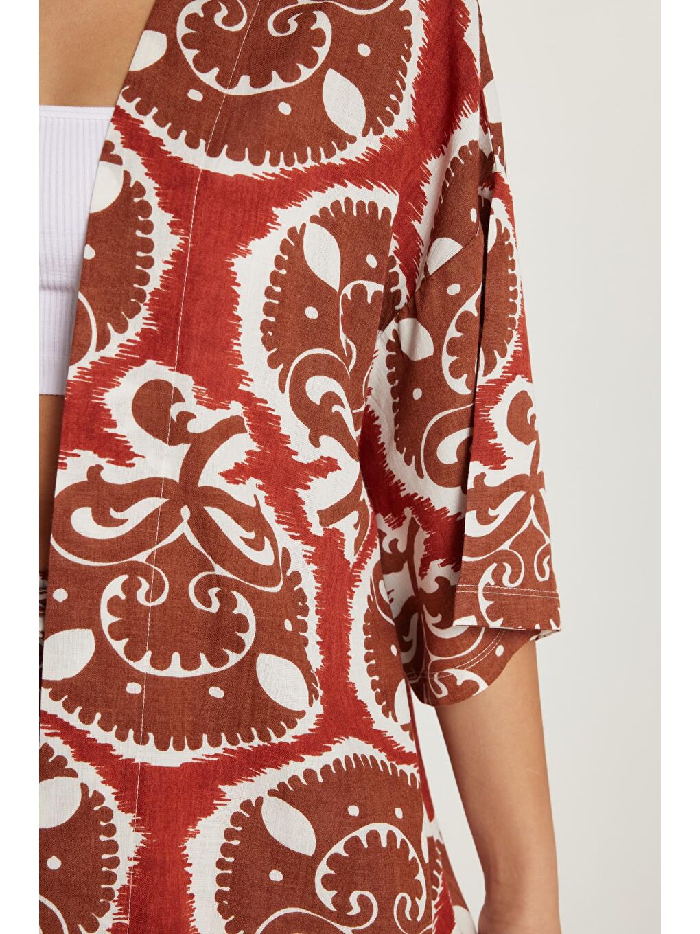 Karışık Kadın Relax Fit Rahat Kesim V Yaka Geniş Kollu Baskılı Kimono-2