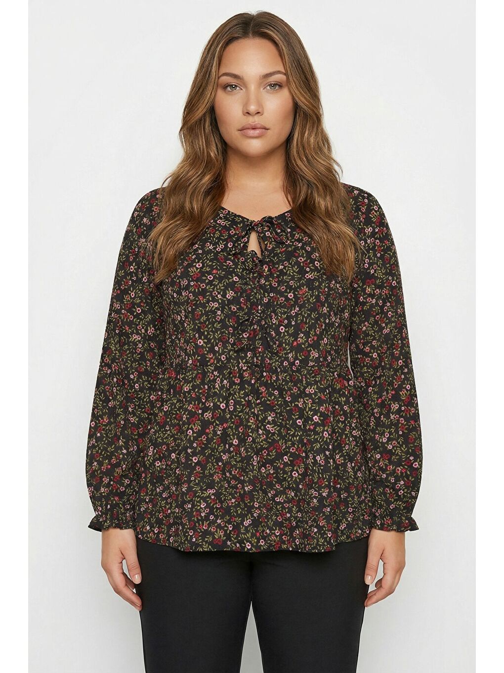 Büyük Beden İp Bağlamalı Siyah Çiçek Desenli Elbise 323002-5