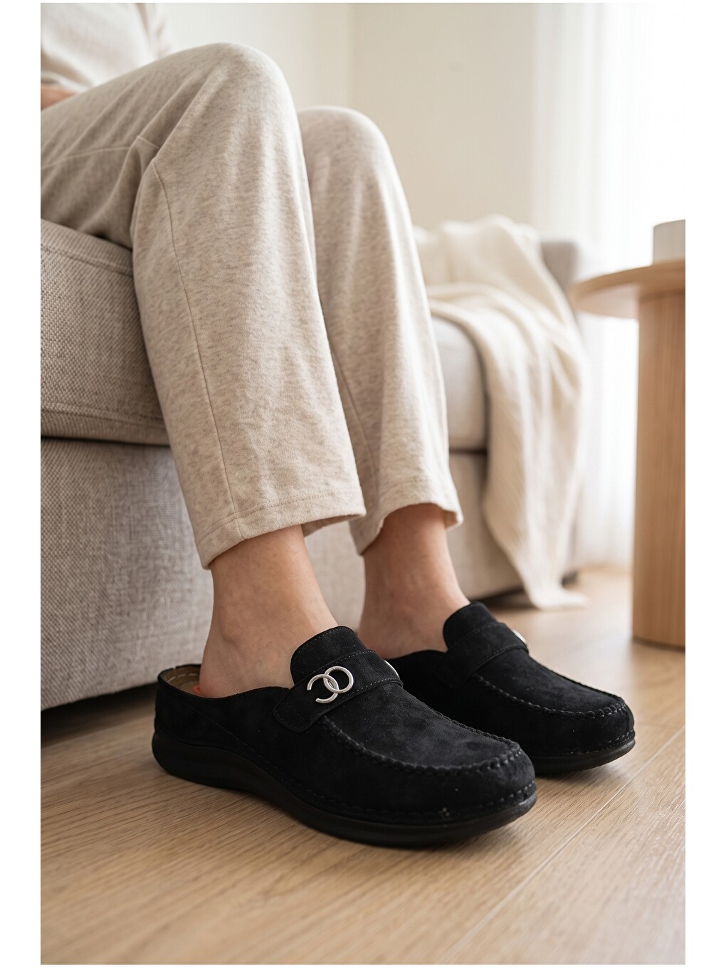 Siyah Kadın, Süet Görünümlü, Metal Tokalı, Günlük, Casual, Konfor Terlik-1
