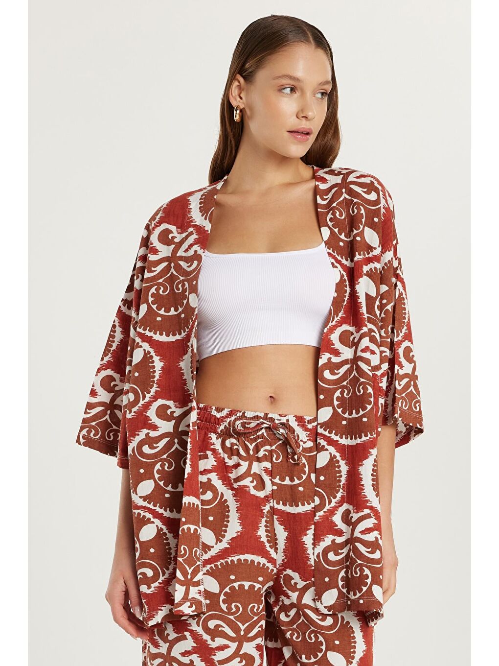 Karışık Kadın Relax Fit Rahat Kesim V Yaka Geniş Kollu Baskılı Kimono-3