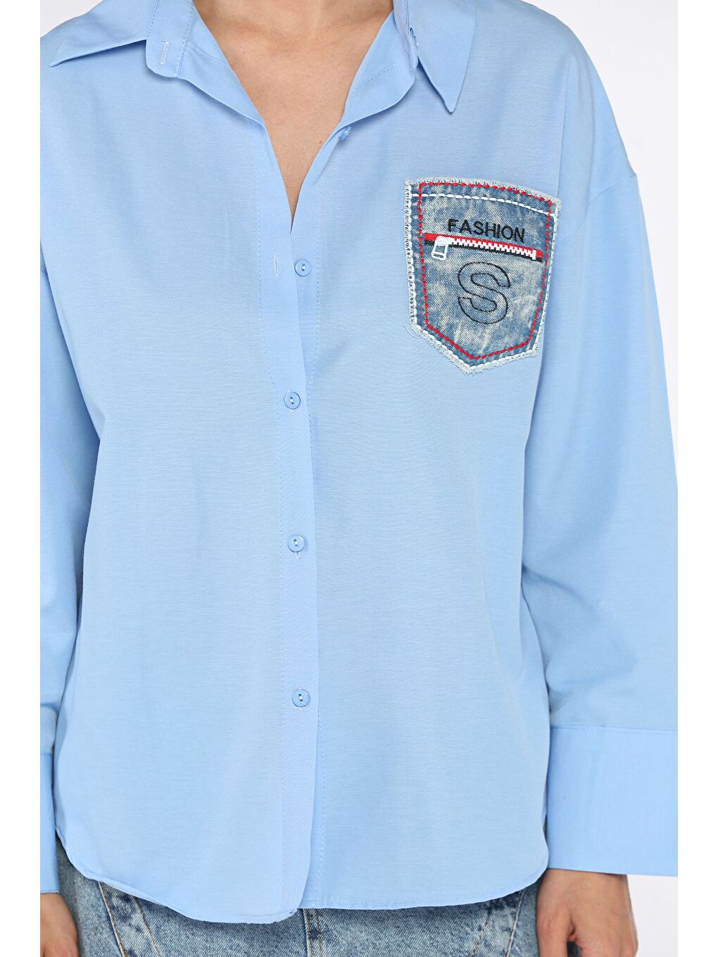 Mavi Cepli Kadın Salaş Gömlek-3