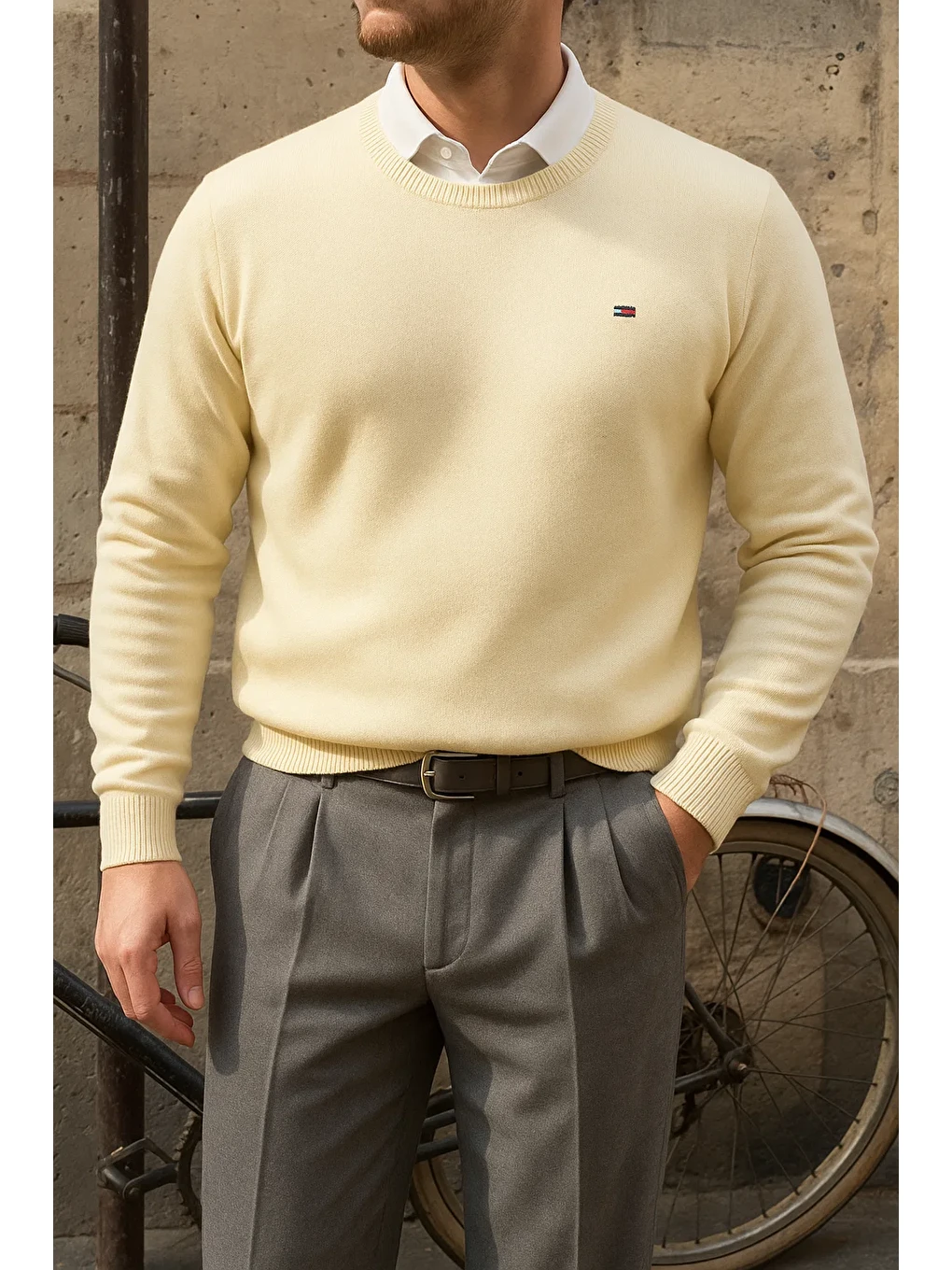 Erkek Bisiklet Yaka Slim Fit Bej Kazak-1