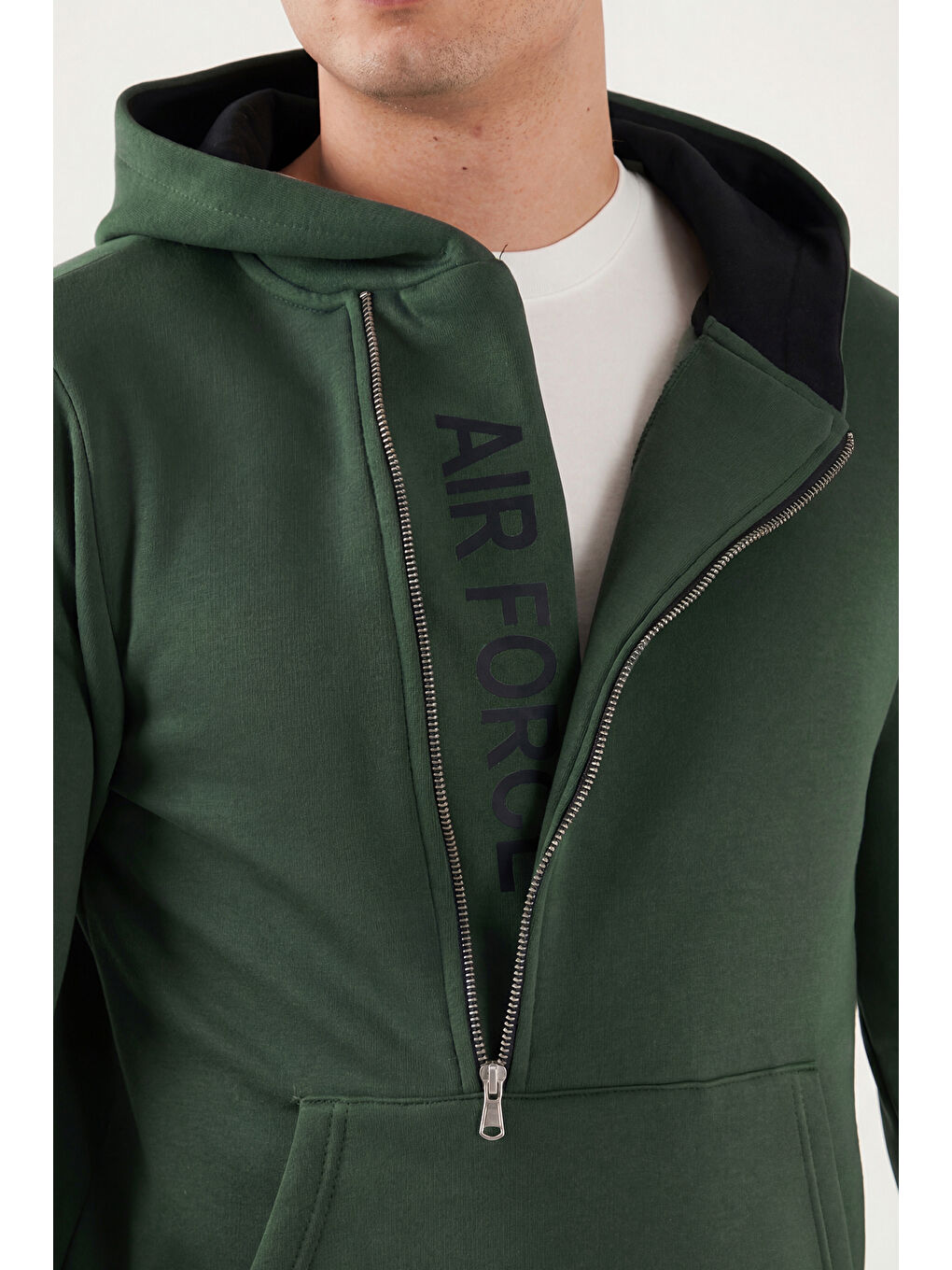 Yeşil Kanguru Cepli Fermuarlı Kapüşon Yaka Slim Fit Erkek Sweat 575707-4