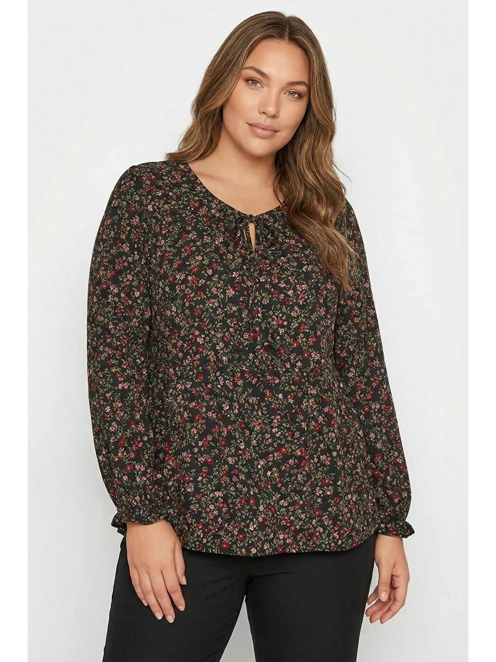 Büyük Beden İp Bağlamalı Siyah Çiçek Desenli Elbise 323002