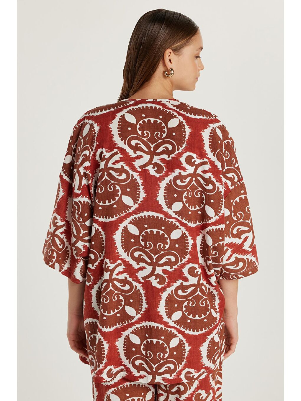 Karışık Kadın Relax Fit Rahat Kesim V Yaka Geniş Kollu Baskılı Kimono-4