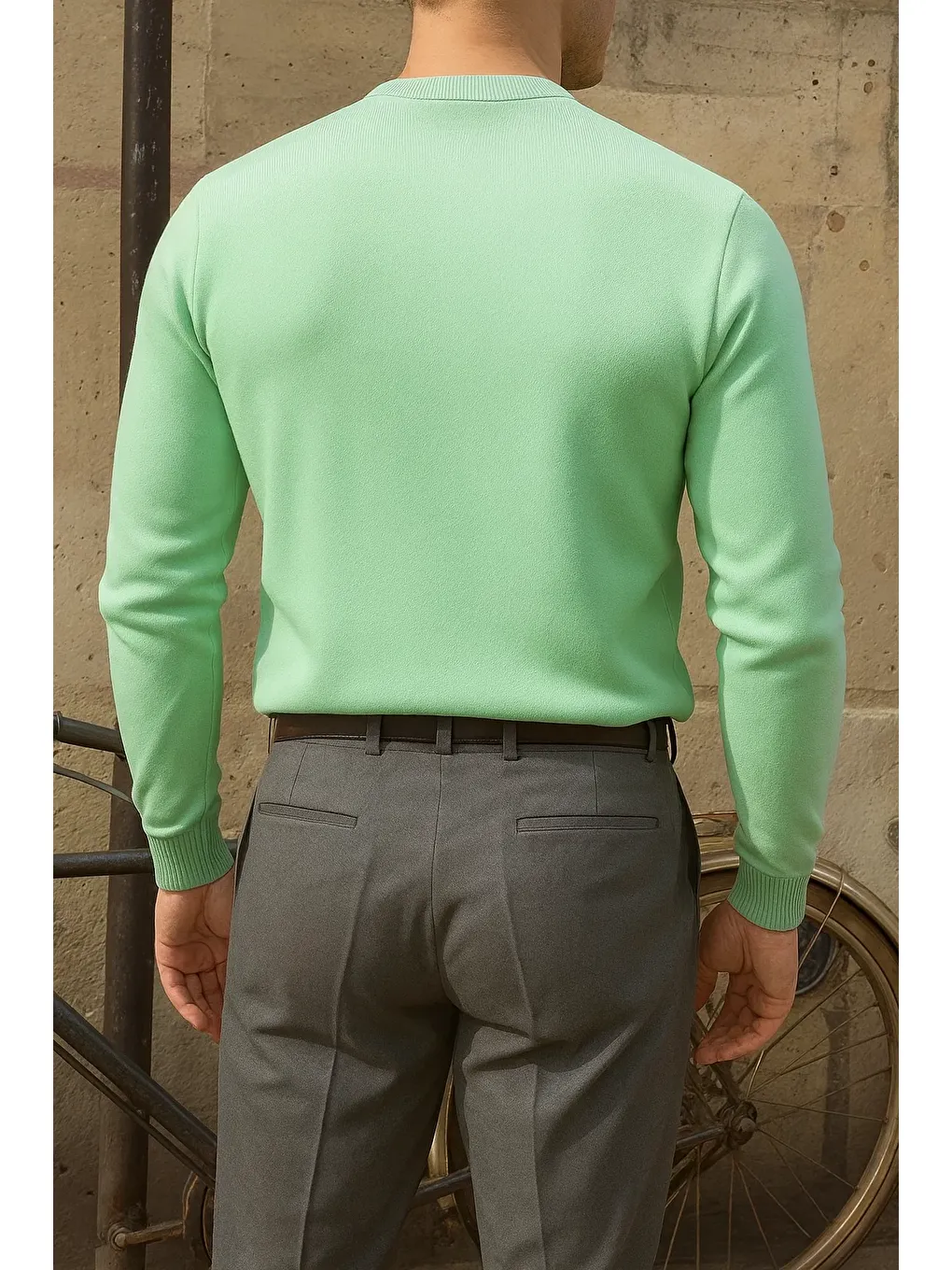 Yeşil Erkek Bisiklet Yaka Slim Fit Mint Kazak-5