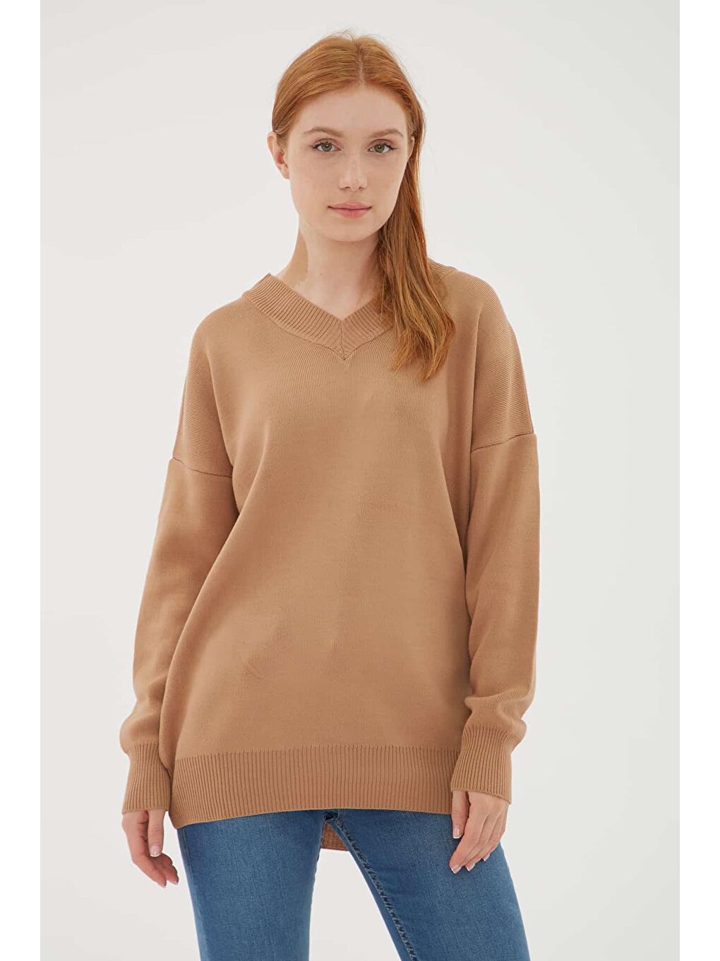 Fashion Friends Camel-Kahverengi Düşük Omuzlu V Yaka Relaxed Fit Kadın Kazak 23K0174K1 - 2