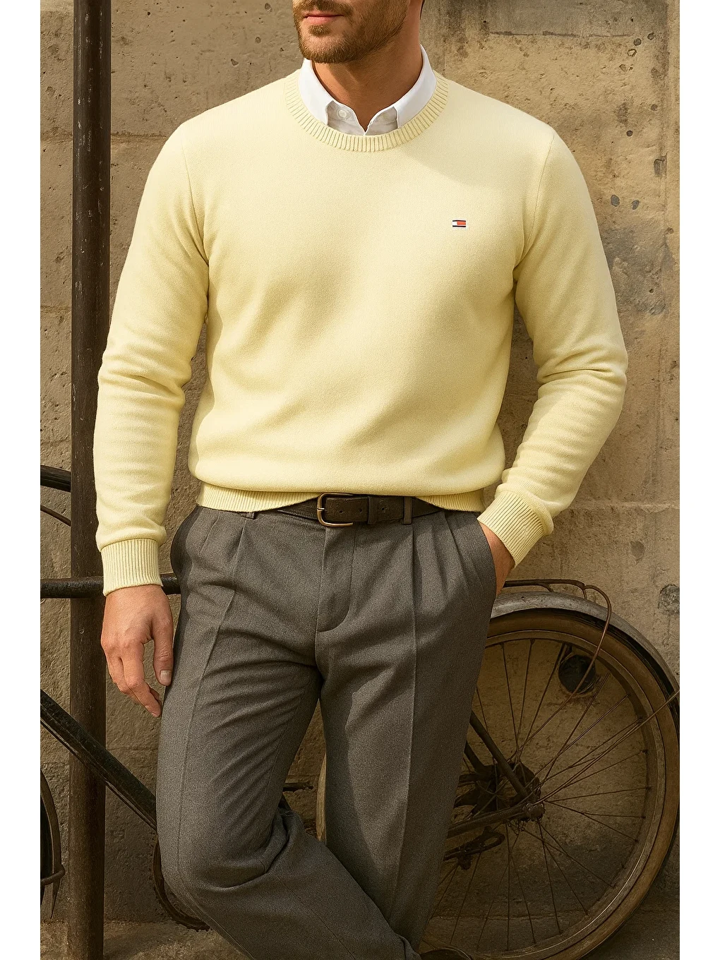 Erkek Bisiklet Yaka Slim Fit Bej Kazak-2
