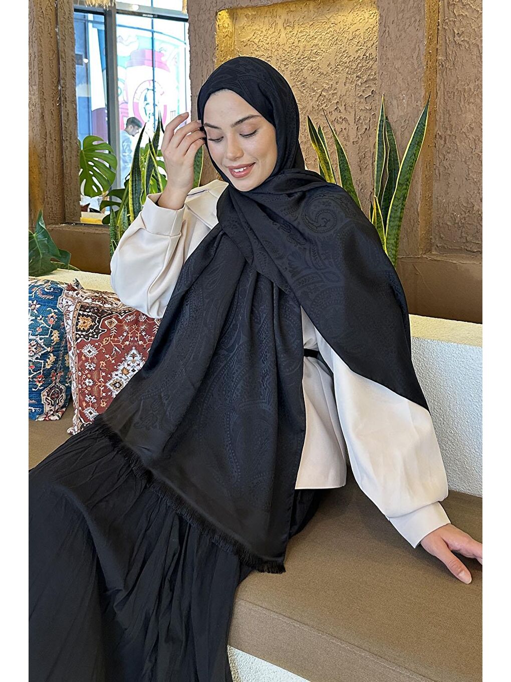 Etnik Retro Desen Çift Taraflı Şal Siyah-2