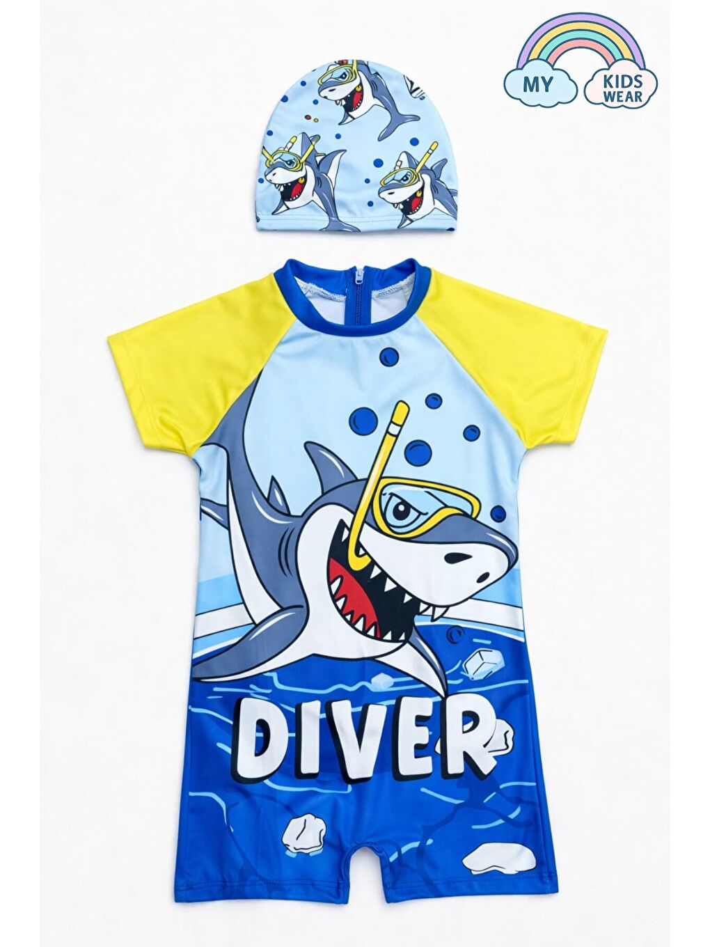 Mavi Erkek Çocuk Boneli Fermuarlı Çocuk Plaj Mayosu 2-8 Yaş 12554