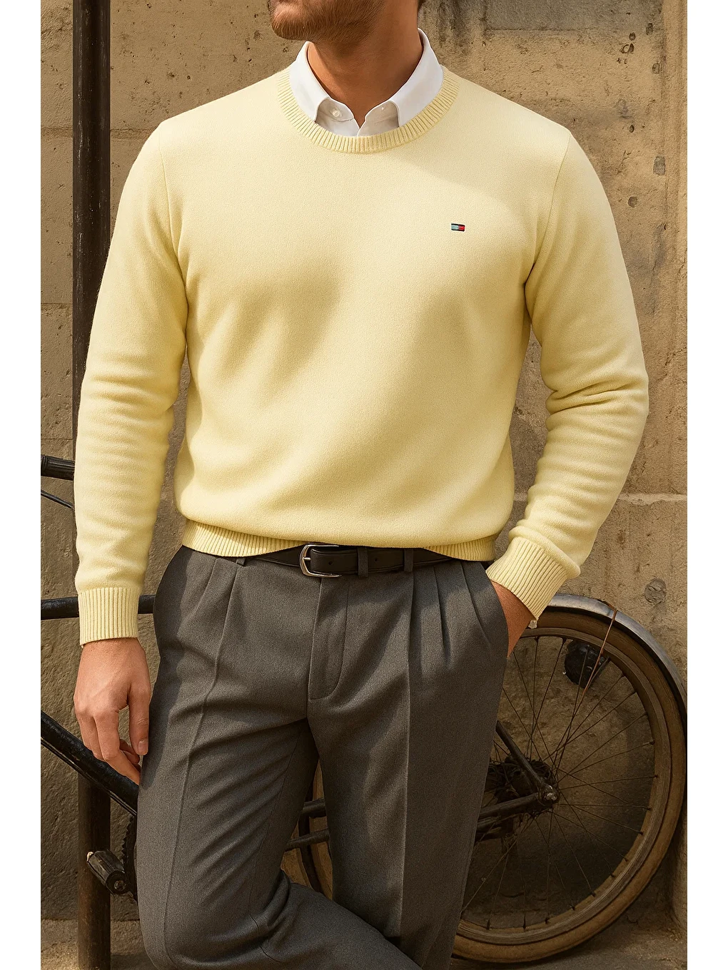 Erkek Bisiklet Yaka Slim Fit Bej Kazak-3
