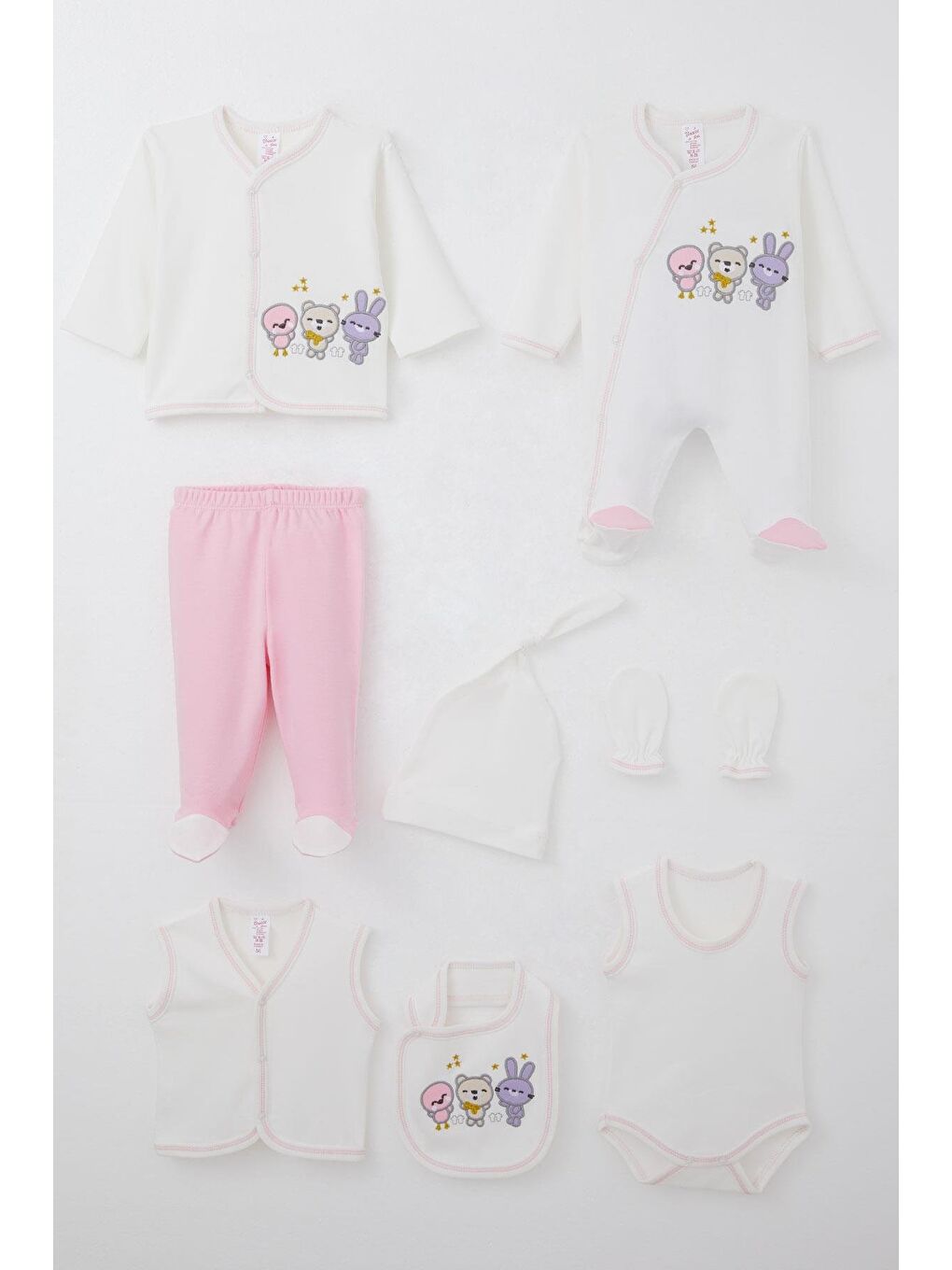 Kız Bebek Hastane Çıkışı 8 Li Sevimli Hayvancıklar Nakışlı Ekru (0-3 Ay)