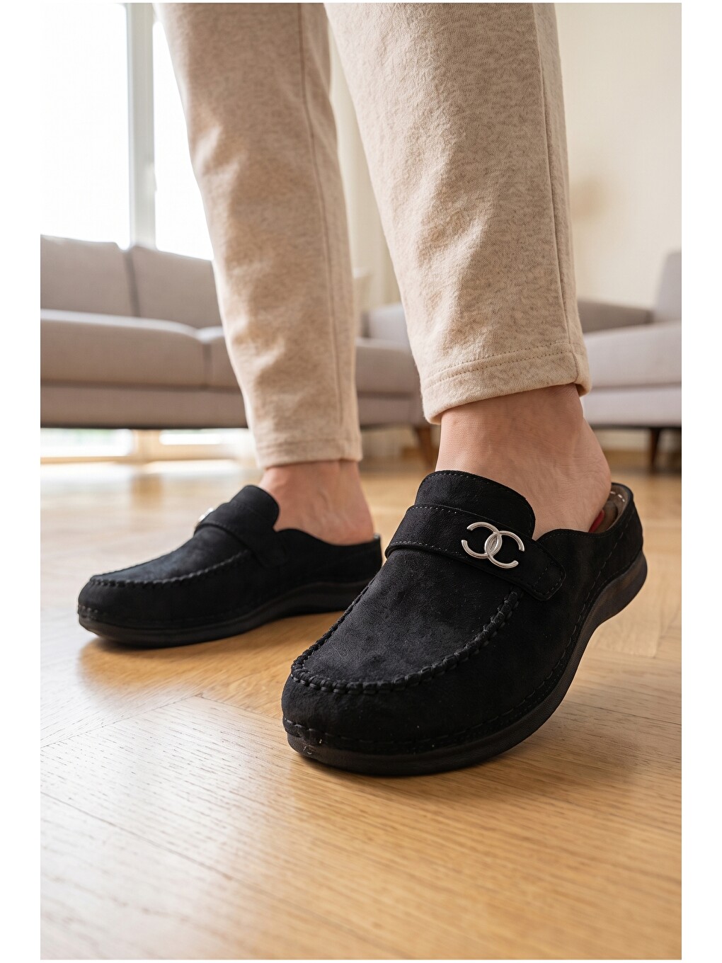 Siyah Kadın, Süet Görünümlü, Metal Tokalı, Günlük, Casual, Konfor Terlik-5