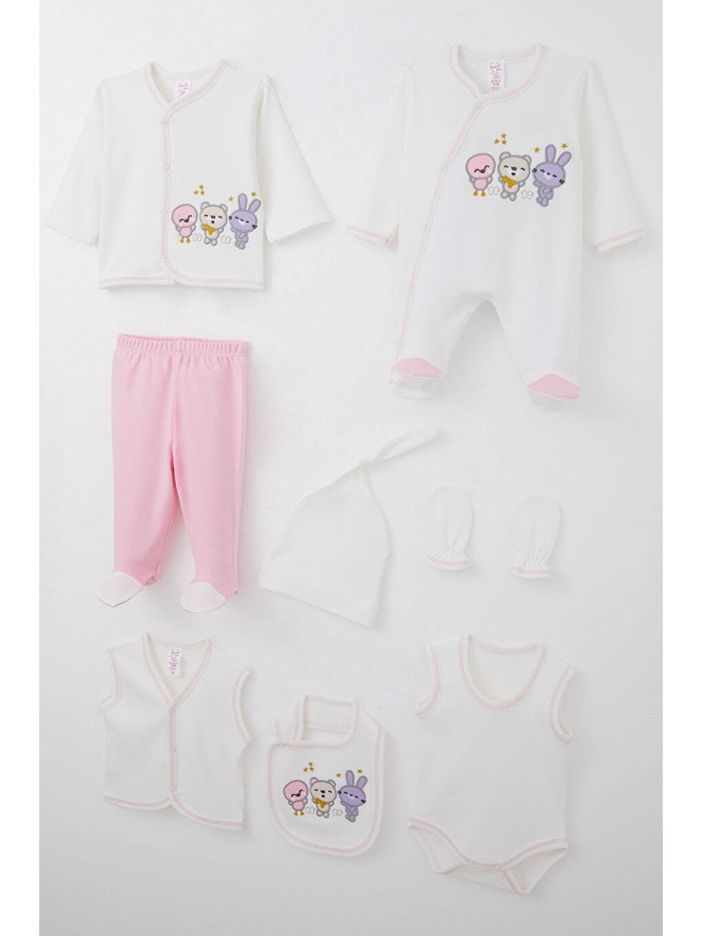 Kız Bebek Hastane Çıkışı 8 Li Sevimli Hayvancıklar Nakışlı Ekru (0-3 Ay)-1