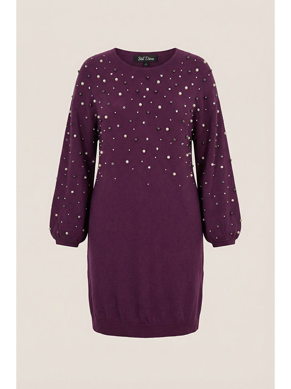 Büyük Beden İnci ve Taş Nakışlı Yumuşak Dokulu Mor Elbise 616396-5