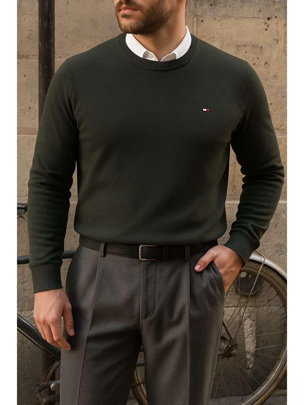 Erkek Bisiklet Yaka Slim Fit Haki Kazak