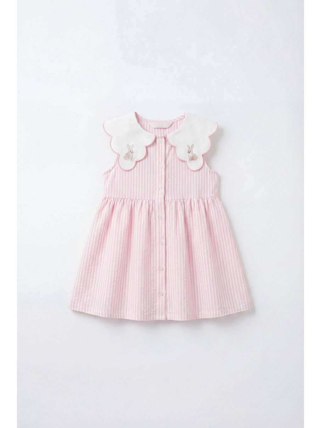 Kız Çocuk Pamuklu Pembe Çizgili Tavşan Nakışlı Yakalı Elbise
