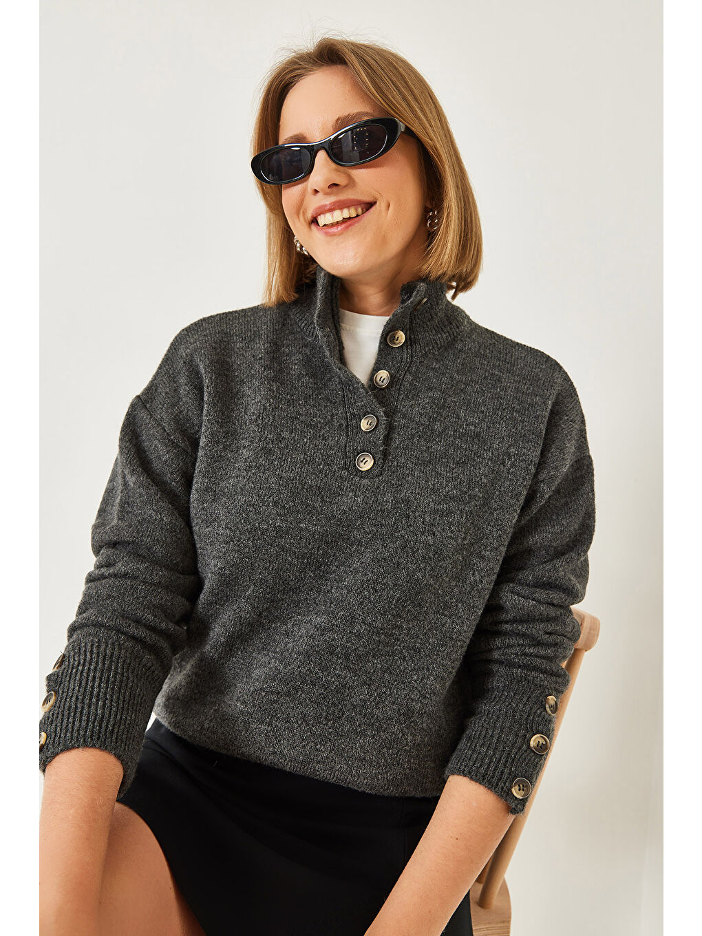 Antrasit Kadın Kolu Patlı Triko Kazak-2