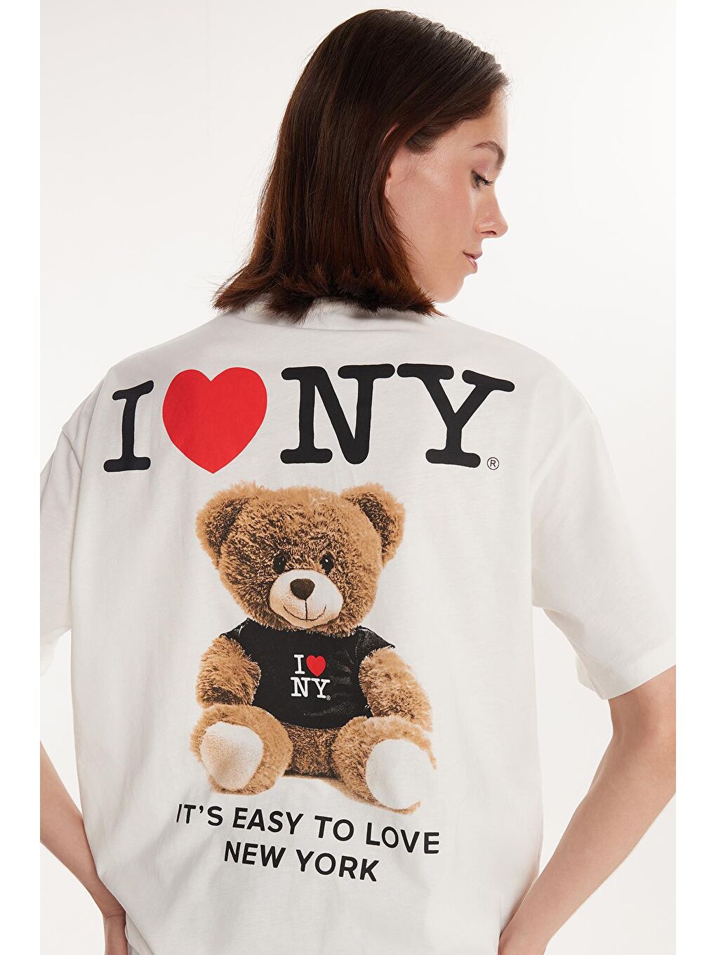 Kadın Slim Fit Dar Kesim %100 Pamuk Kısa Kollu Baskılı Bisiklet Yaka Ekru Tişört-1