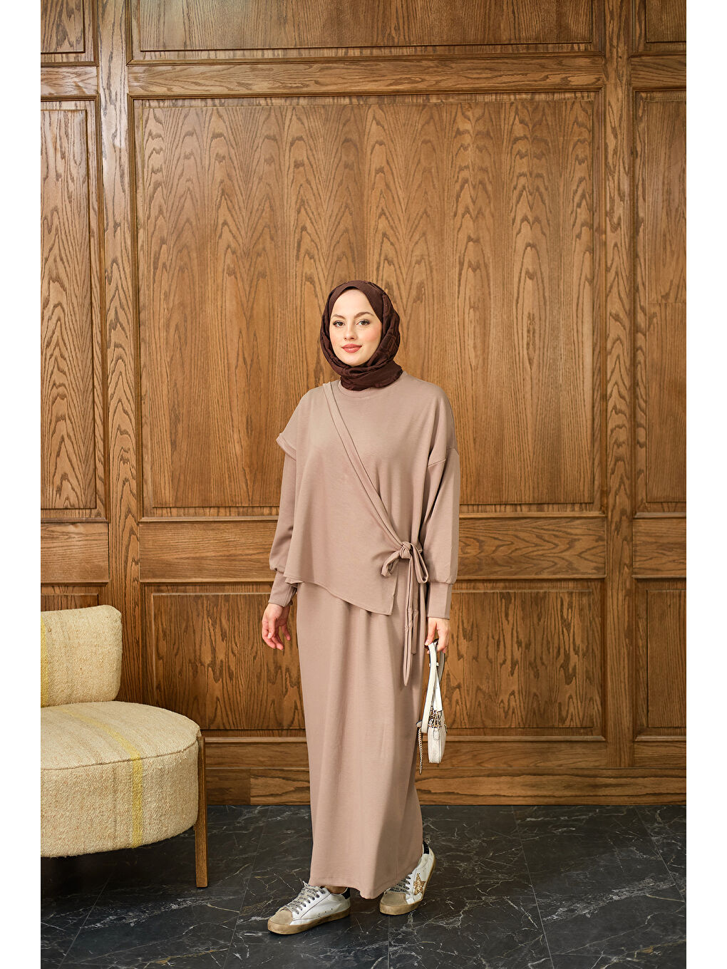 Bej Kadın Parça Bağlamalı Elbise Vizon