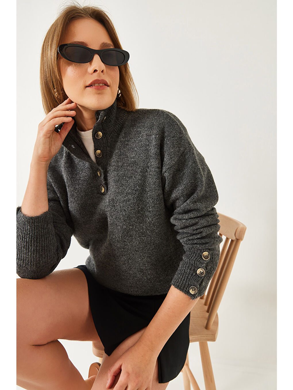 Antrasit Kadın Kolu Patlı Triko Kazak-4