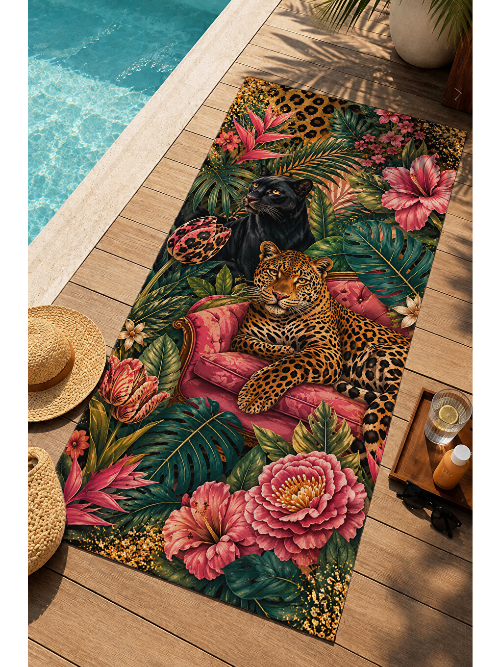 Yeşil Maximalist Leopar Tropikal Desenli 70x150 Plaj Havlusu - Dijital Baskılı Solmaz Banyo Havlusu-1