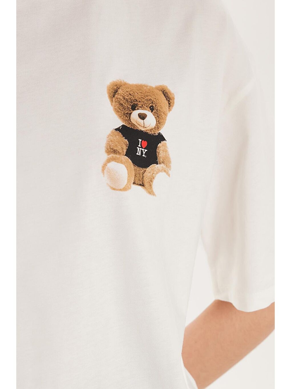 Kadın Slim Fit Dar Kesim %100 Pamuk Kısa Kollu Baskılı Bisiklet Yaka Ekru Tişört-2