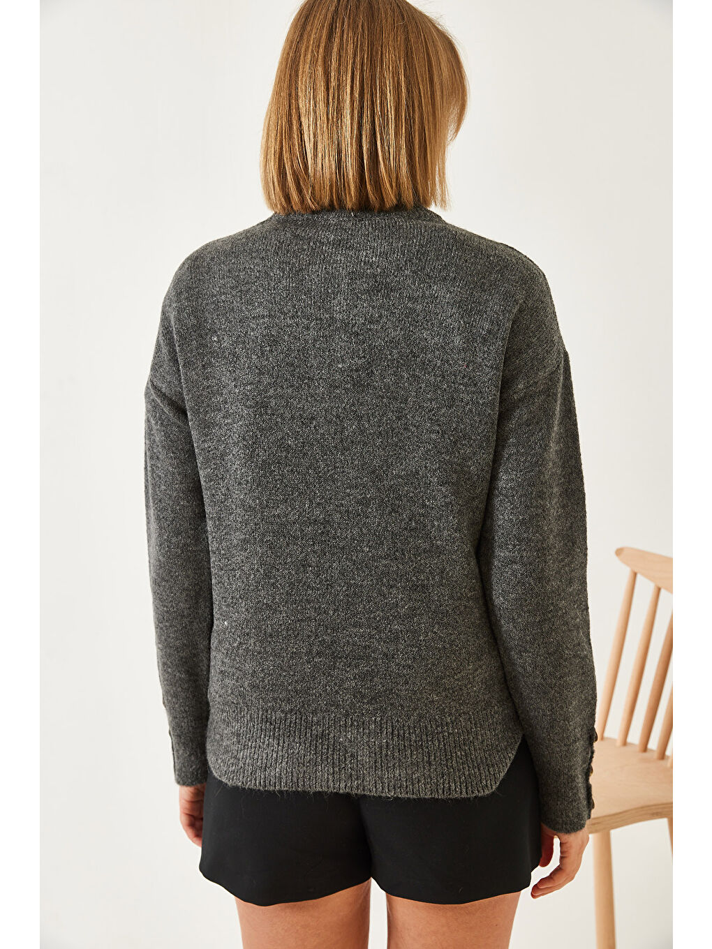 Antrasit Kadın Kolu Patlı Triko Kazak-5