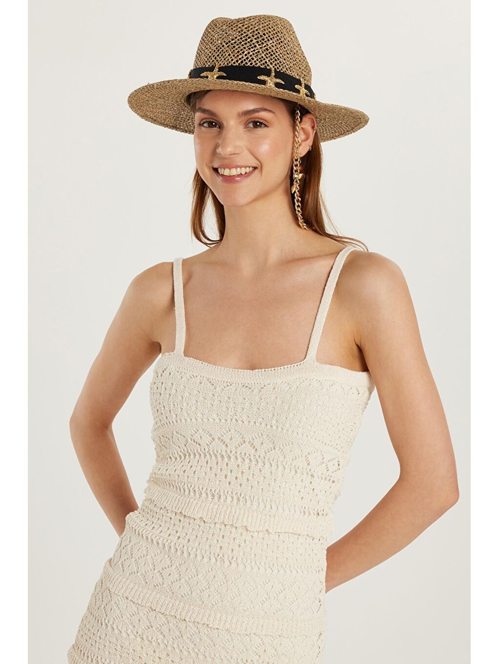 Ekru Kadın Standart Fit Fırfırlı Örme Desenli Askılı Yaka Bej Elbise-1