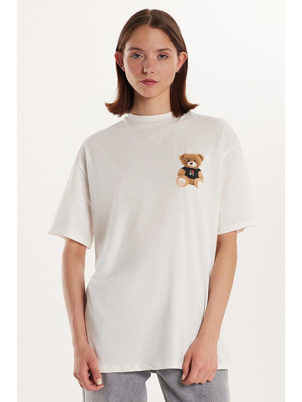 Kadın Slim Fit Dar Kesim %100 Pamuk Kısa Kollu Baskılı Bisiklet Yaka Ekru Tişört-3