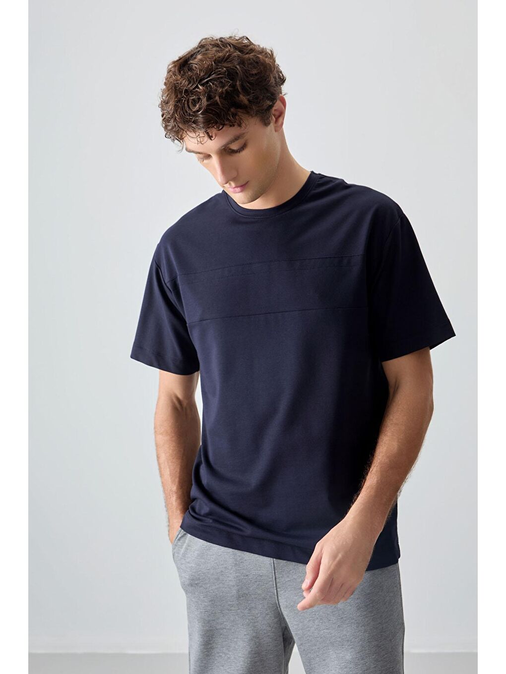 AIR JONES Lacivert Pamuklu Kalın Yumuşak Dokulu Oversize Fit Basic Erkek T-Shirt - 88378 - 3