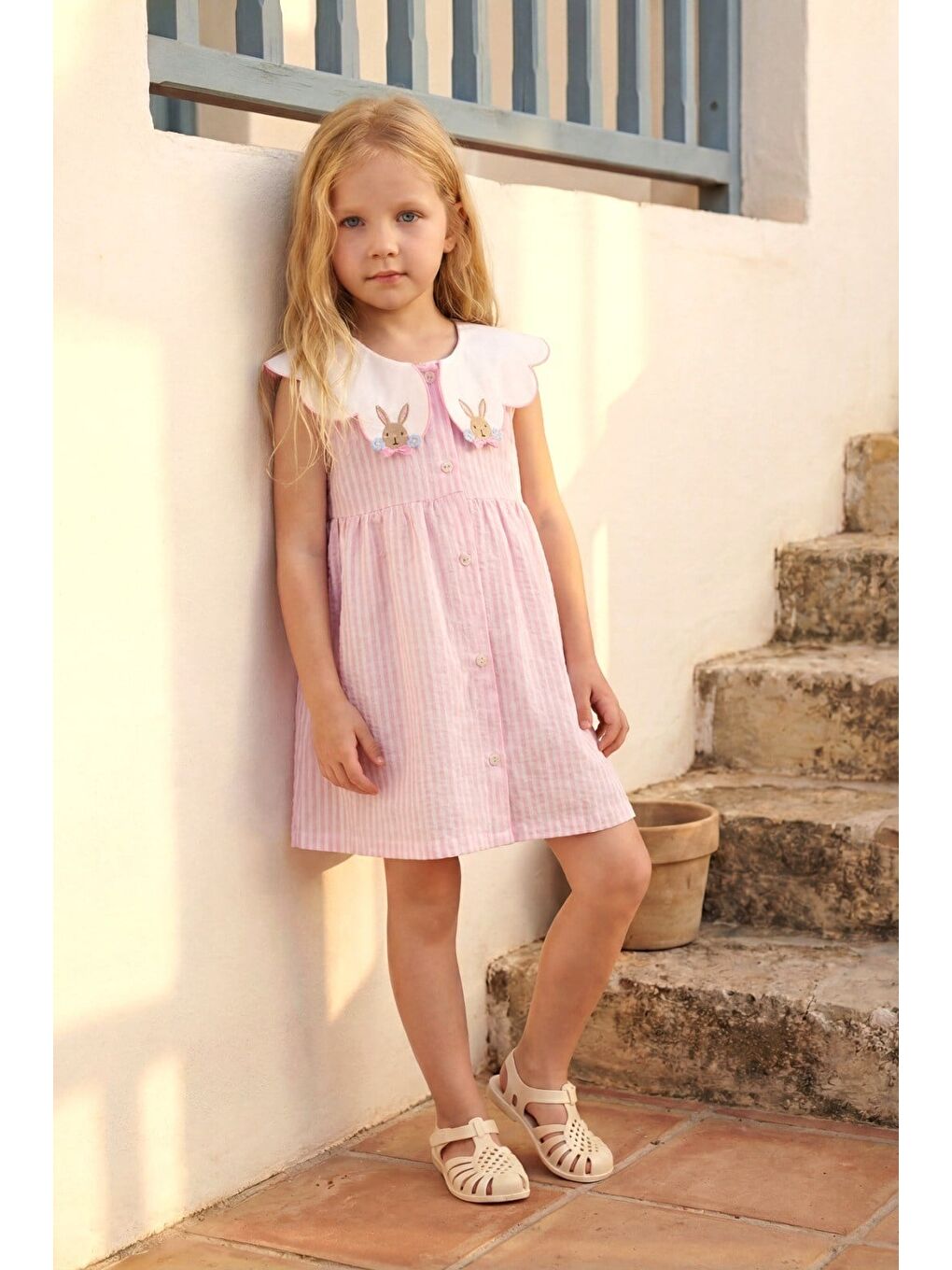 Kız Çocuk Pamuklu Pembe Çizgili Tavşan Nakışlı Yakalı Elbise-1