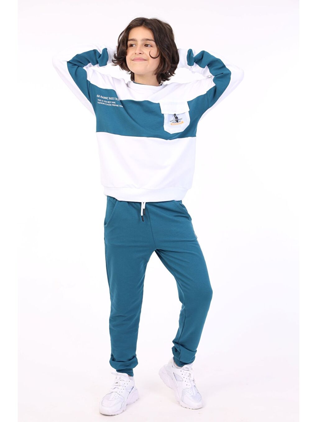 Beyaz Erkek Çocuk 2'li Takım Baskılı Bisiklet Yaka Cep Detaylı Sweatshirt & Beli Paçası Lastikli Cepli Jo