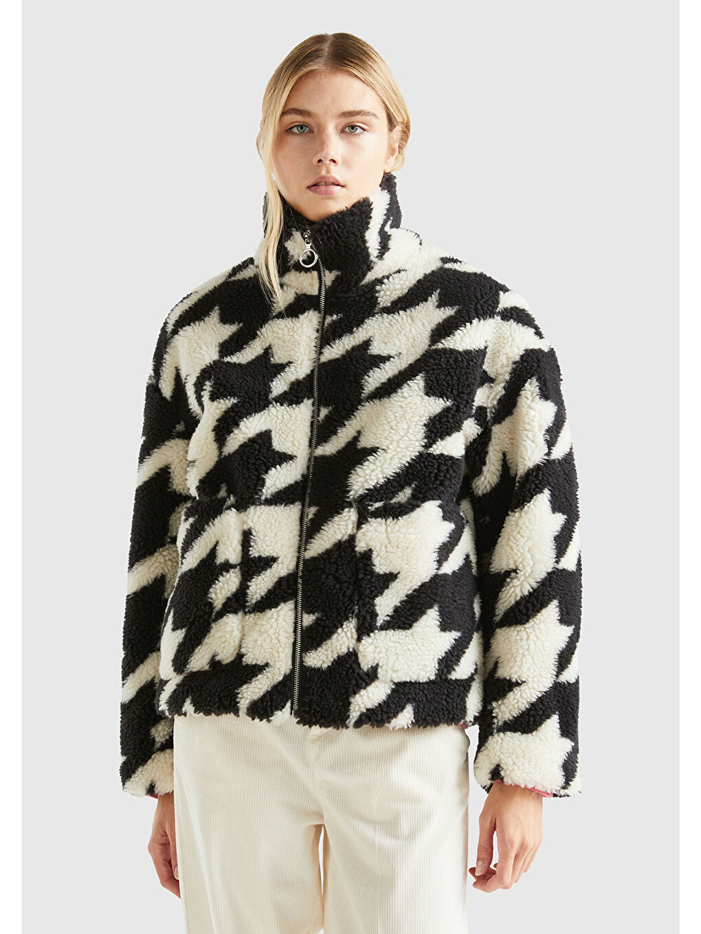 Kadın Siyah Beyaz Kazayağı Teddy Ceket